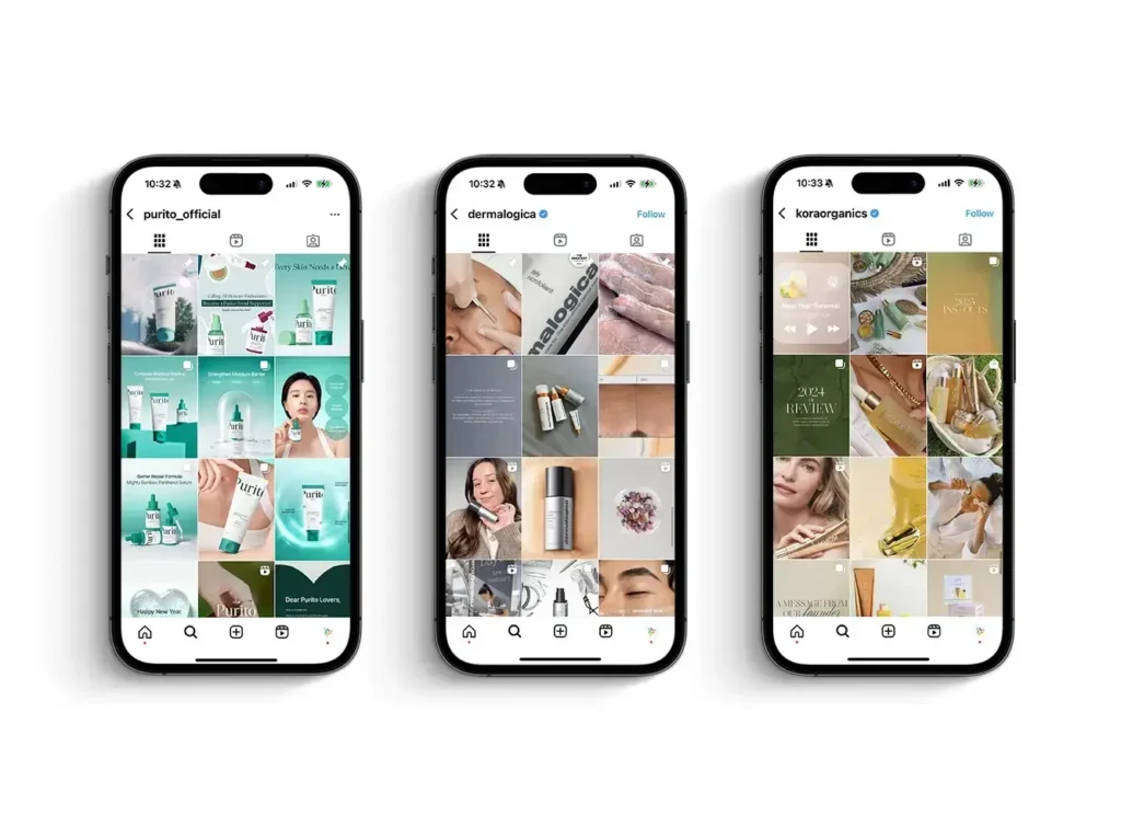 Instagram grid mockup with branded content, Reels thumbnail, and engagement metrics.